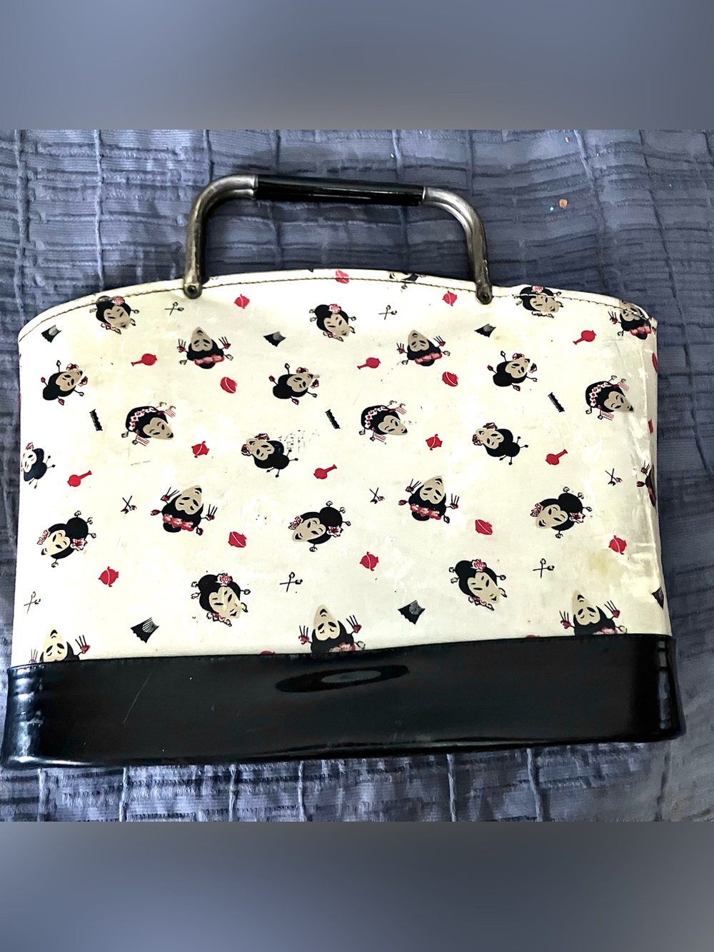 Vintage 1950s Handbag Purse Tote Asian Women Faces RARE Hong Kong